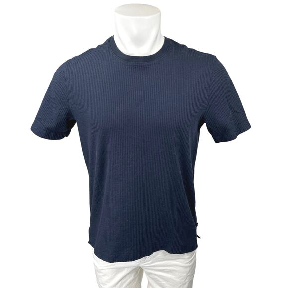 Ted Baker Men's Navy Blue Ribbed Knit Short Sleeve Crew T Shirt Tee Top Size 3 - Picture 1 of 4